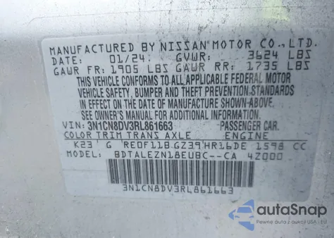 2024 Nissan Versa 1.6 S from USA, damaged, VIN 3N1CN8DV3RL861663